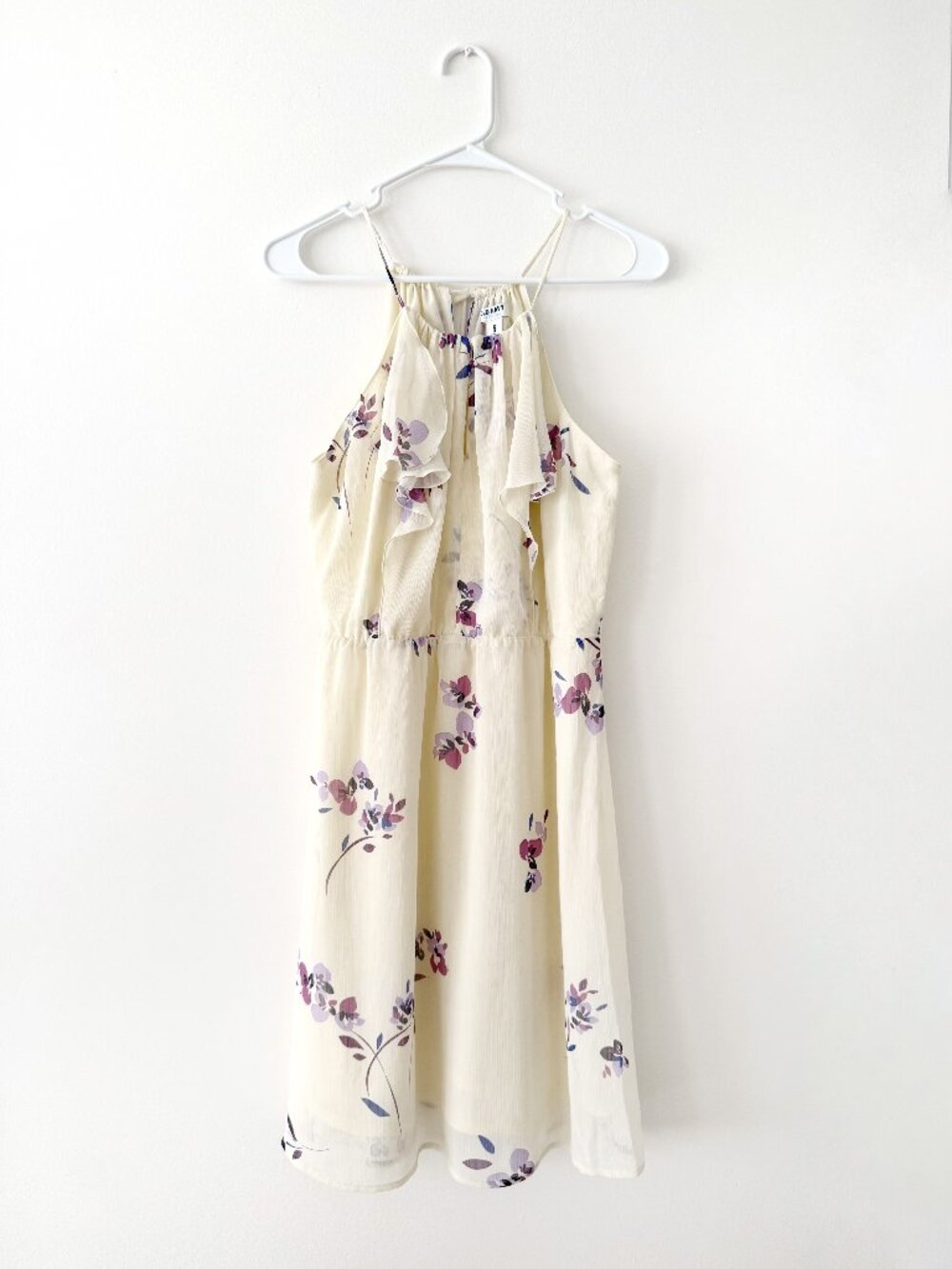 Old Navy Light Cream Halter Dress with Purple Floral Print Med NWT